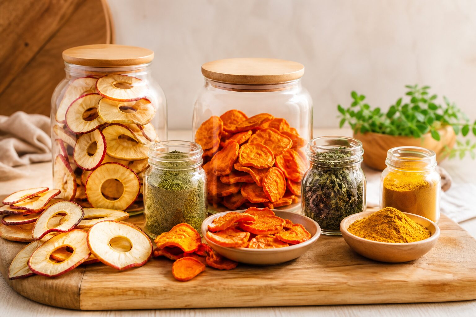 Vacuum-dried fruits, vegetables, herbs and powders